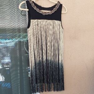 Frank Lyman Design Black and Silver Fringe Mini Dress